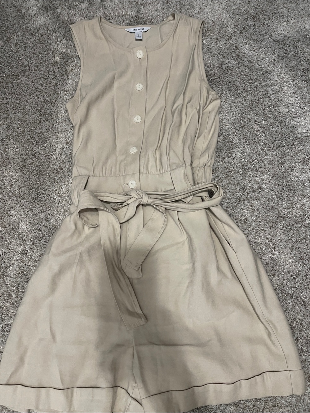 Nine West Beige Sleeveless Button Romper with Tie Belt